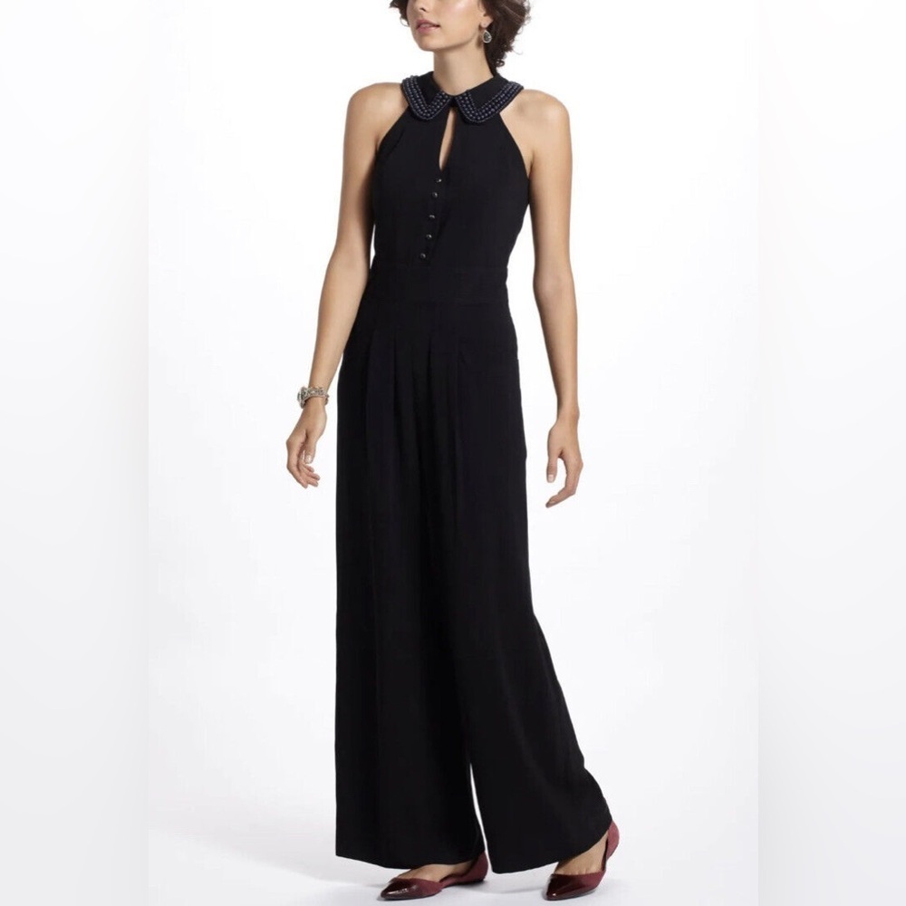 Anthropology, Elevenses Black Halter with beaded collar Jumpsuit size 2